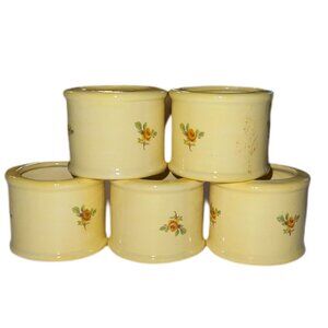Vintage Ceramic Napkin Ring Holders Yellow With Roses Hand Painted Set of 5